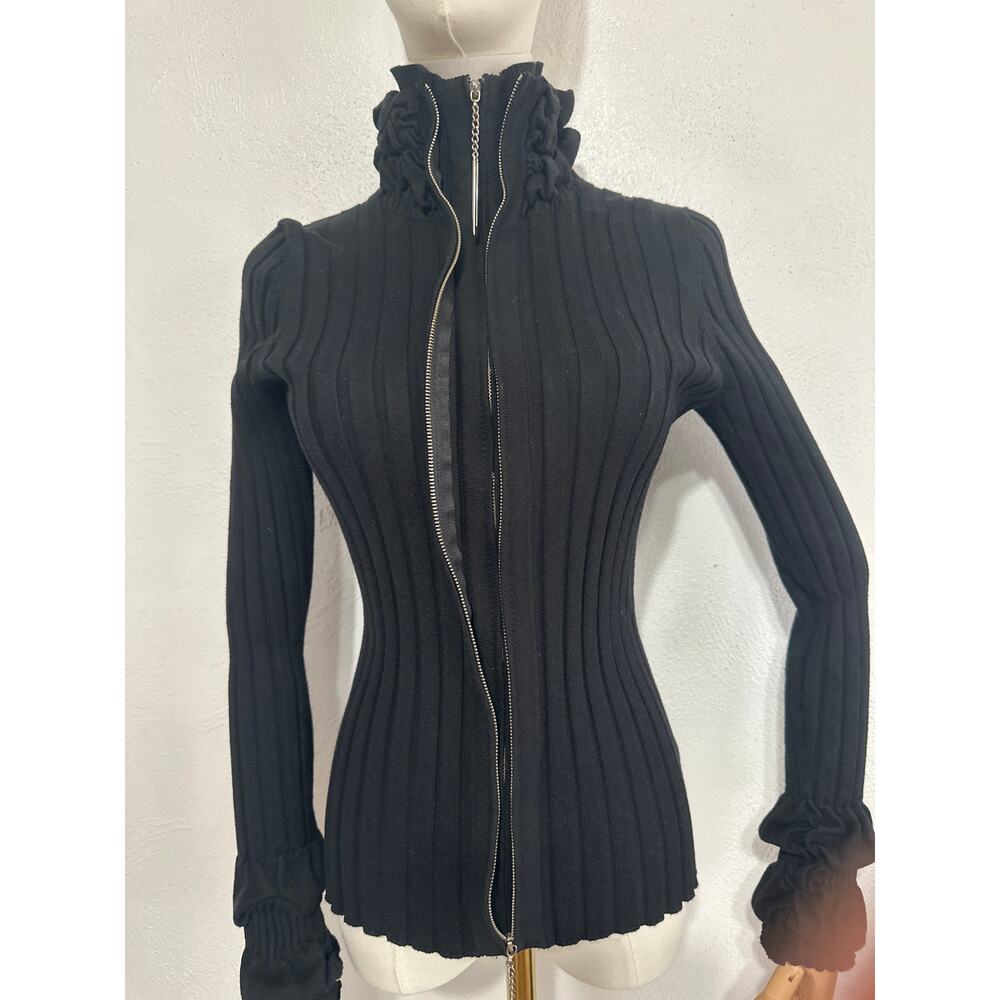 Y2K Belldini Ribbed High Neck Ruffle Penny Lane Cardigan Sweater L Black Trendy - Picture 3 of 15